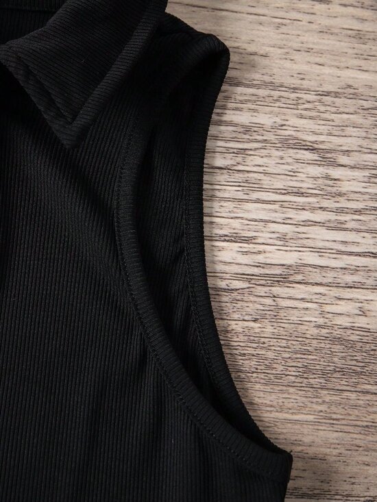 Black Casual Women's Zipper Half Placket Turn-Down Collar Tank Top - Picture 6 of 8